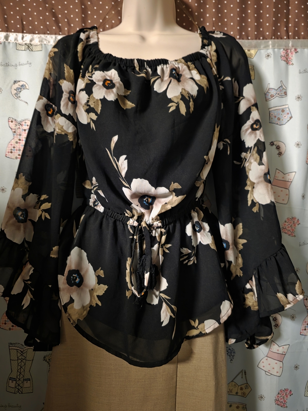 Black Floral Off-Shoulder Peasant Blouse with Tie Waist